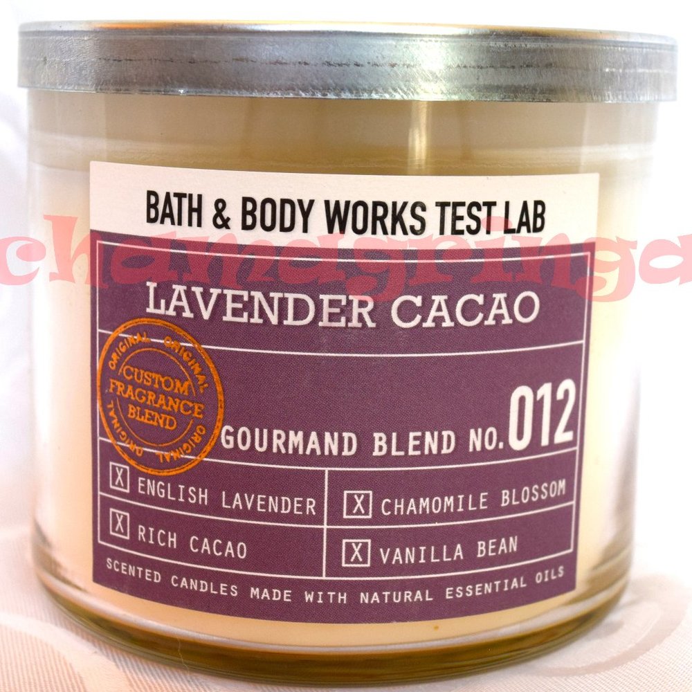 NEW Bath & and Body Works Test Lab LAVENDER CACAO vanilla 3-wick soy CANDLE read